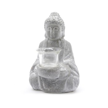 Estatua de buda de cimento com porta-velas de vidro
