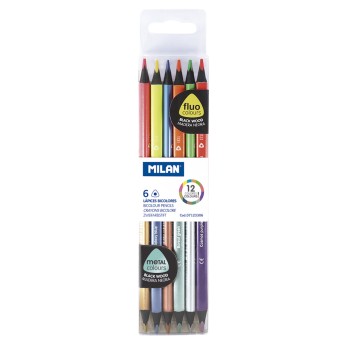 Caixa de 6 lápis bicolor triangulares de madeira preto (cores fluo + metalizados) milan