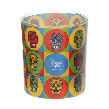 Vela em vidro pop art ø7,5x8,4cm skull magic lights