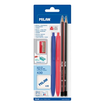 Blíster de 2 canetas p1 (azul/vermelho) 2 lápis grafito hb e h, borracha 430 e afia milan cores / modelos diversos