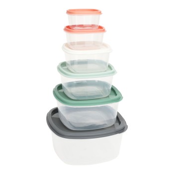 Set 6 recipientes de plástico com tampas coloridas e medidas diferentes