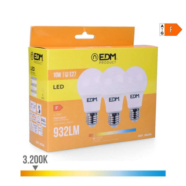 Kit 3 lâmpadas led standard e27 10w 932lm 3200k luz quente ø6x10,8cm edm