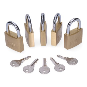 Pack de 5 cadeados de latão arco normal 5 chaves iguais 40x23mm edm